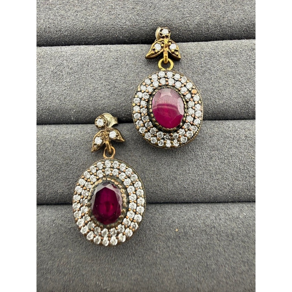 Vintage Turkish Ruby Corundum Crystal Halo Drop Post Earrings Mandala Back